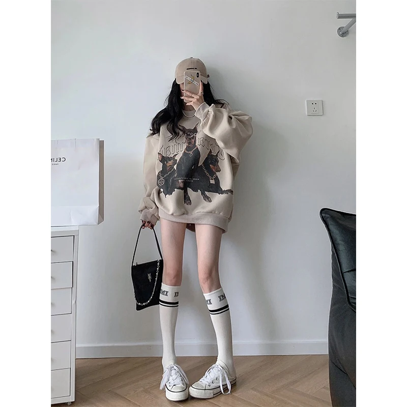 Autumn Womens Clothing Vintage Casual Street Sweatshirt Y2K Hooded Dog Printing Pullover Long Sleeves Oversize Ladies Tops