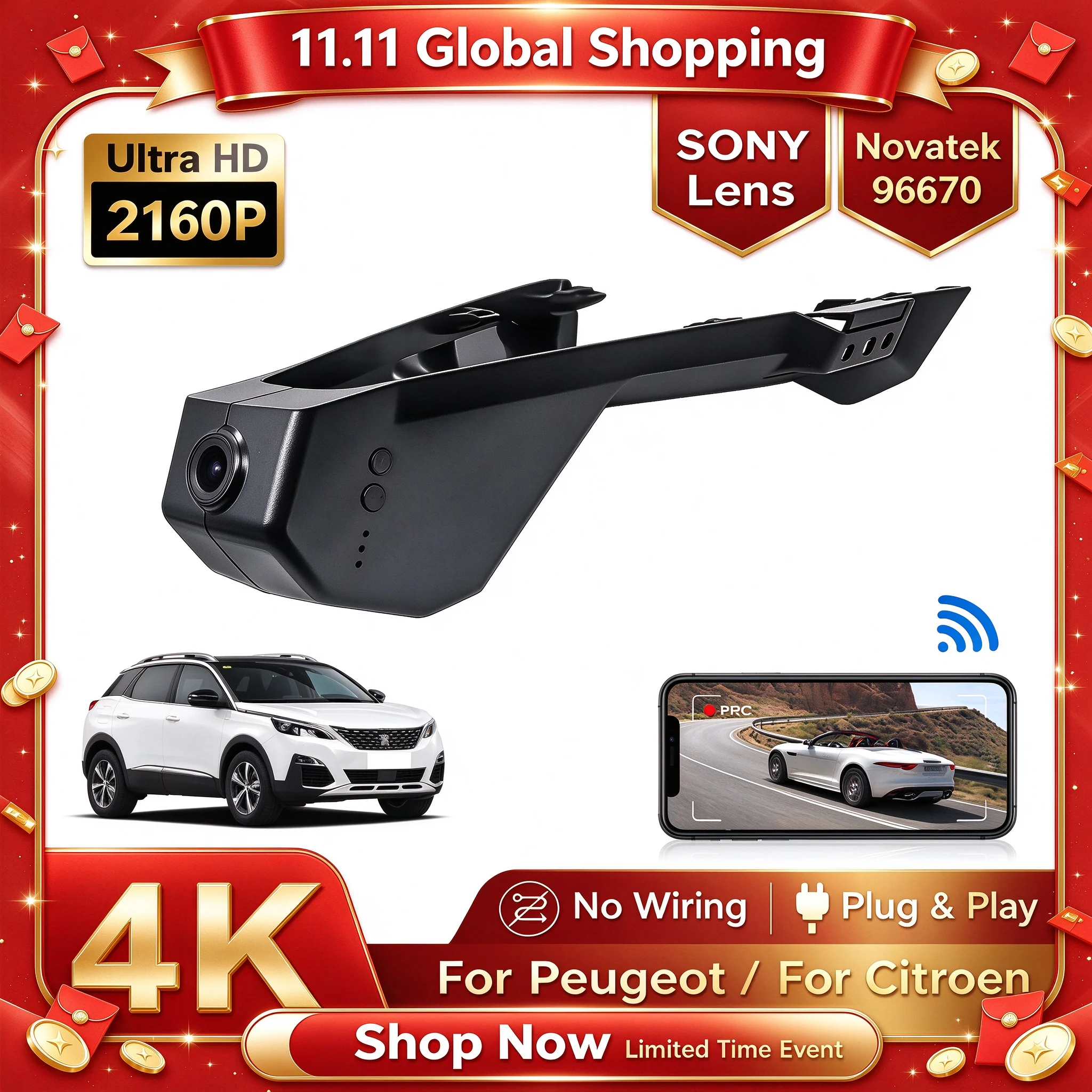 Dashcam for Peugeot 5008 3008 4008,Dvr for Citroen C5 Aircross,Camera Recorder for DS7,Plug and Play Dash Cam 4K for Car