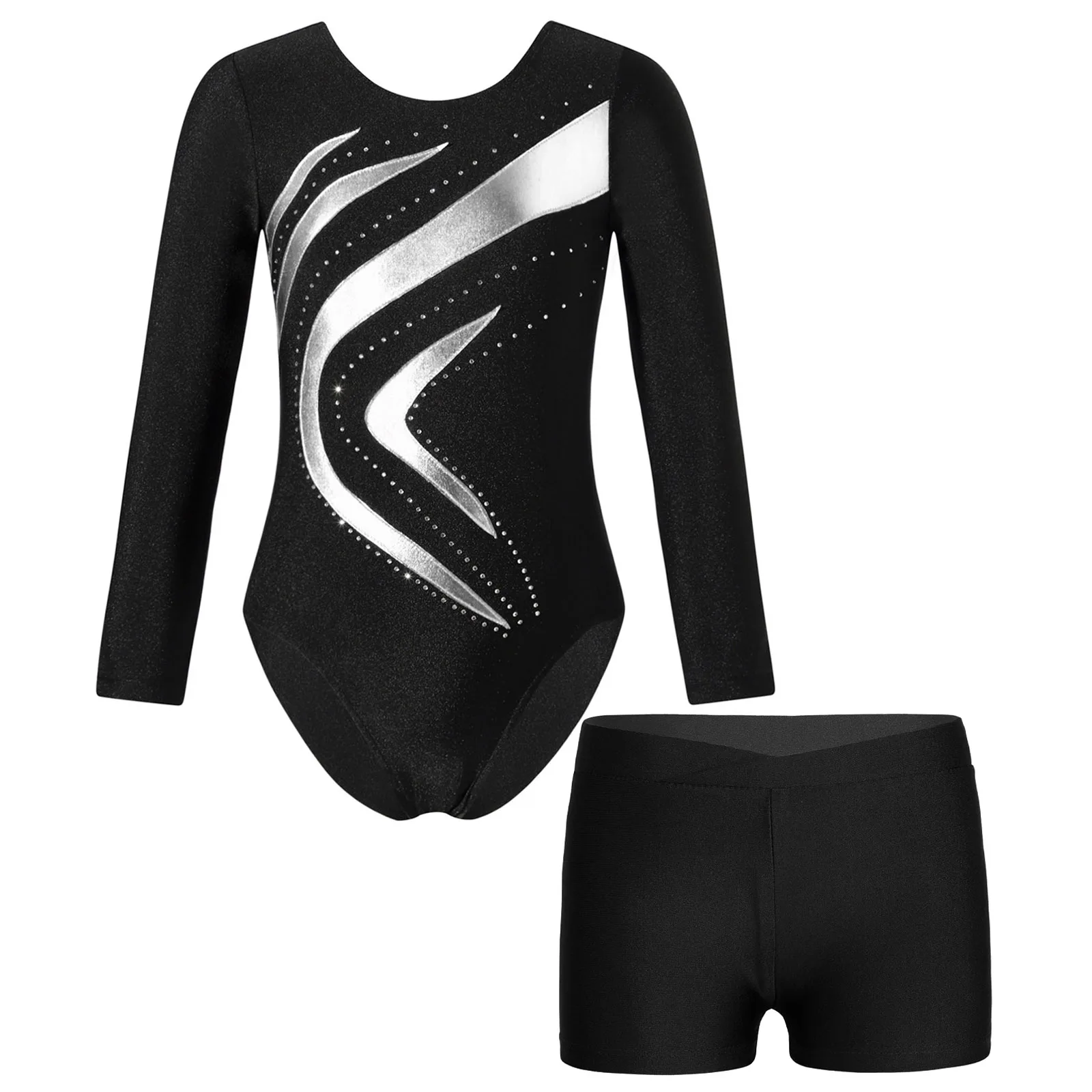 Kids Girls Gymnastics Dance Set Long Sleeve Round Neck Shiny Rhinestones Leotard Ballet Jersey with V-front Waistband Shorts