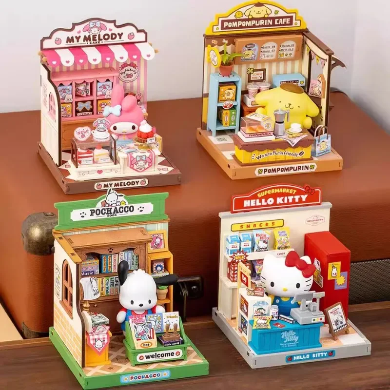 Sanrio Family Cute Fun Shopkeeper Wooden Building Blocks Hello Kitty Hello Kitty Miniature Model Patchwork Toy Collection Gift