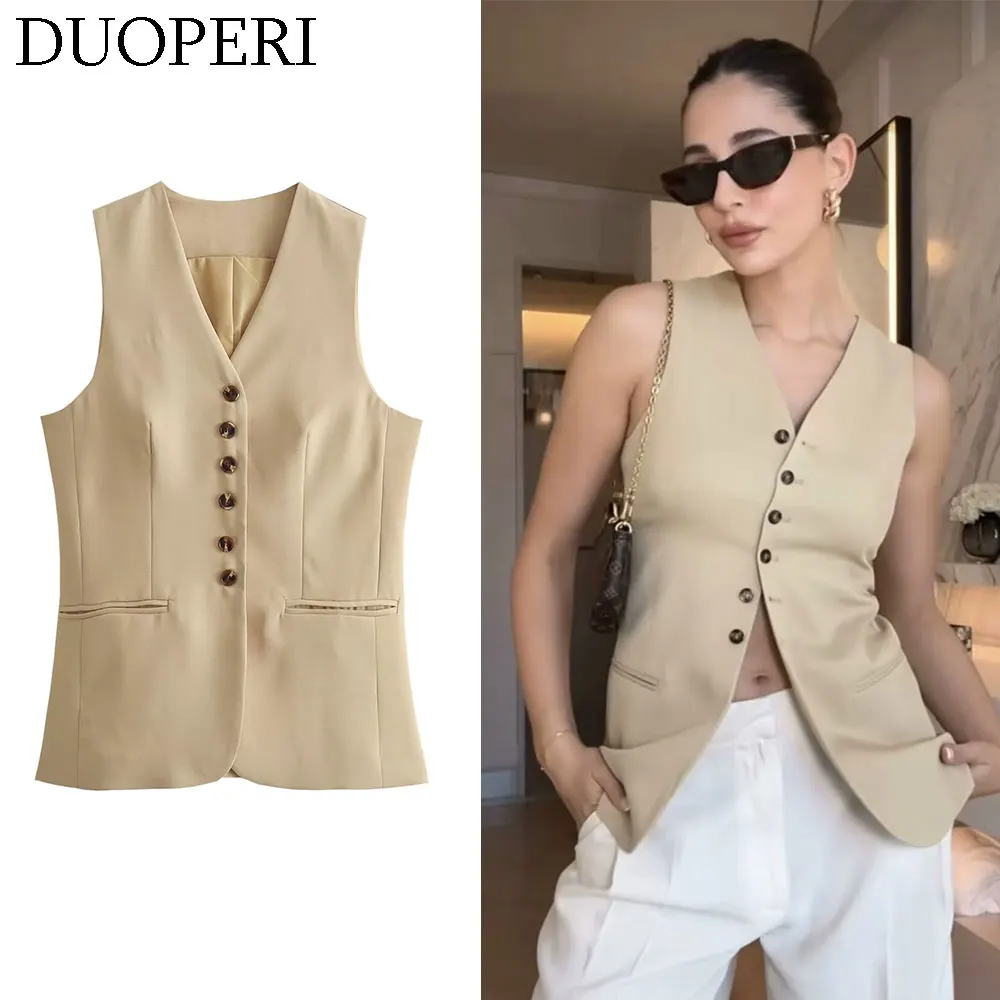 DUOPERI 2024 Women Fashion V-neck Long Vest Female Chic Lady Casual Basic Waistcoat