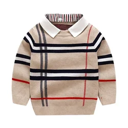 Toddler Kid Boy Sweater Spring Winter Clothes Warm Pullover Top Long Sleeve Plaid Sweater Girl Fashion Gentleman Knitwear 1-8T