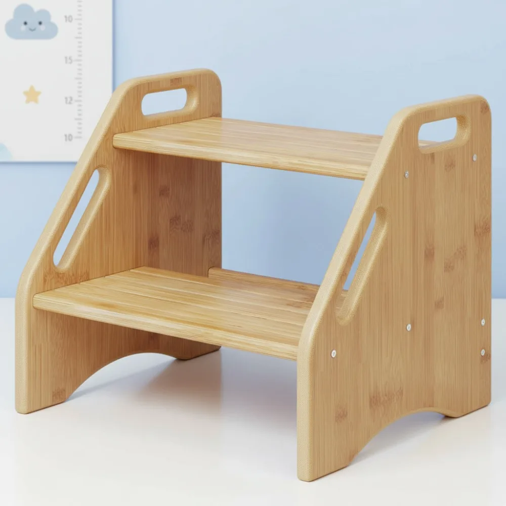 مقعد من الخيزران الطبيعي للأطفال، مقعد مزدوج الارتفاع للأطفال الصغار مع وسادات ومقابض غير قابلة للانزلاق، سعة 300 رطلاً #1