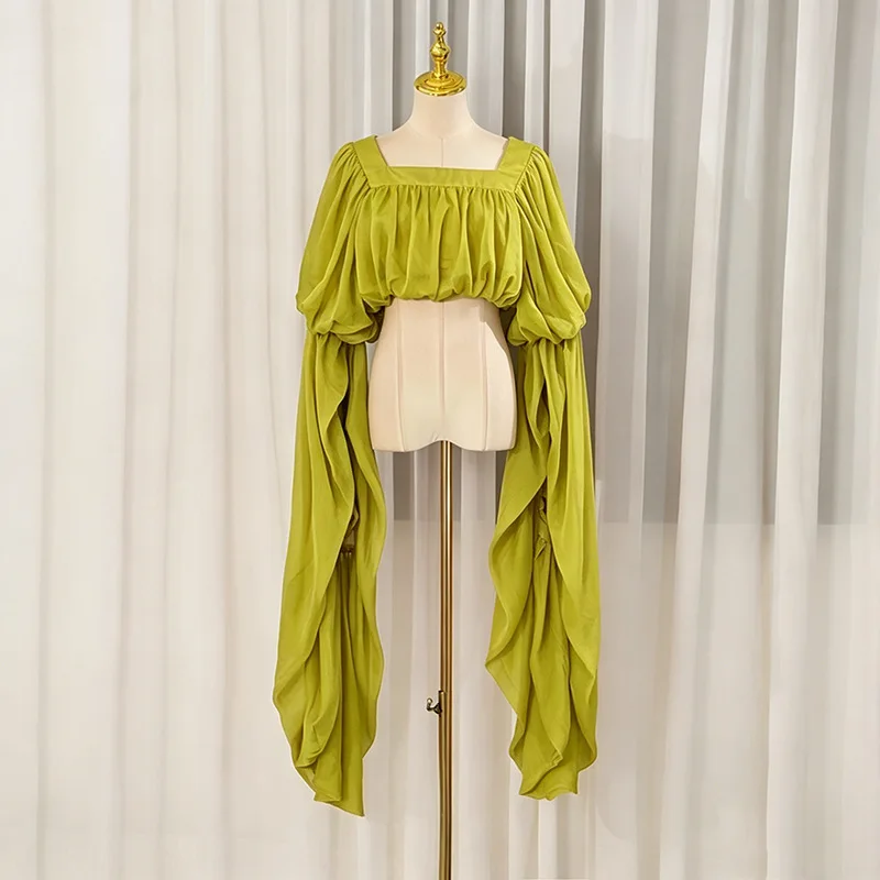 HKSH Women Shirt Elegant Casual Vacation Style Ribbon Sleeves Design Solid Color Square Collar Back Lace-Up Short Blouse HK27258