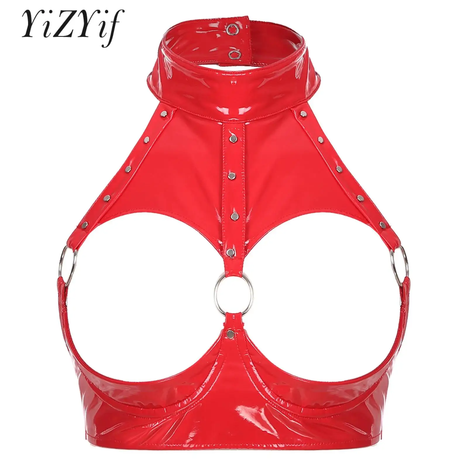 

Womens PVC Leather Metallic Crop Top Open Cup Underwired Bras Bustier Halter Backless Vest Camisole Clubwear Latex Lingerie