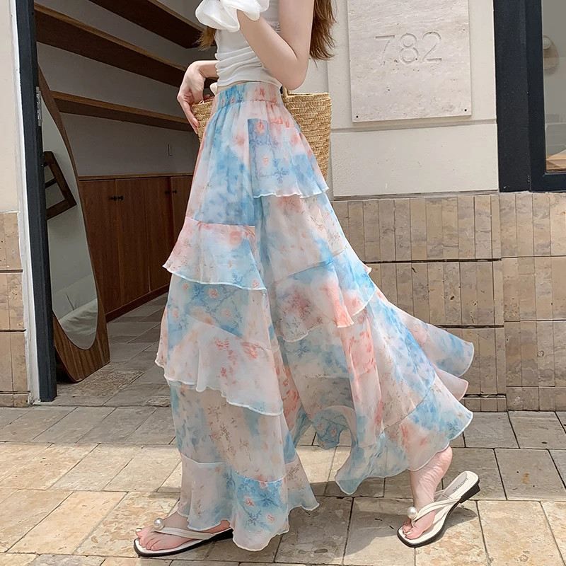 

Watercolor Floral Print Midi Skirt – Romantic A-Line Tulle Maxi Skirt for Women, Summer Boho Chic Swirling Layered Dress