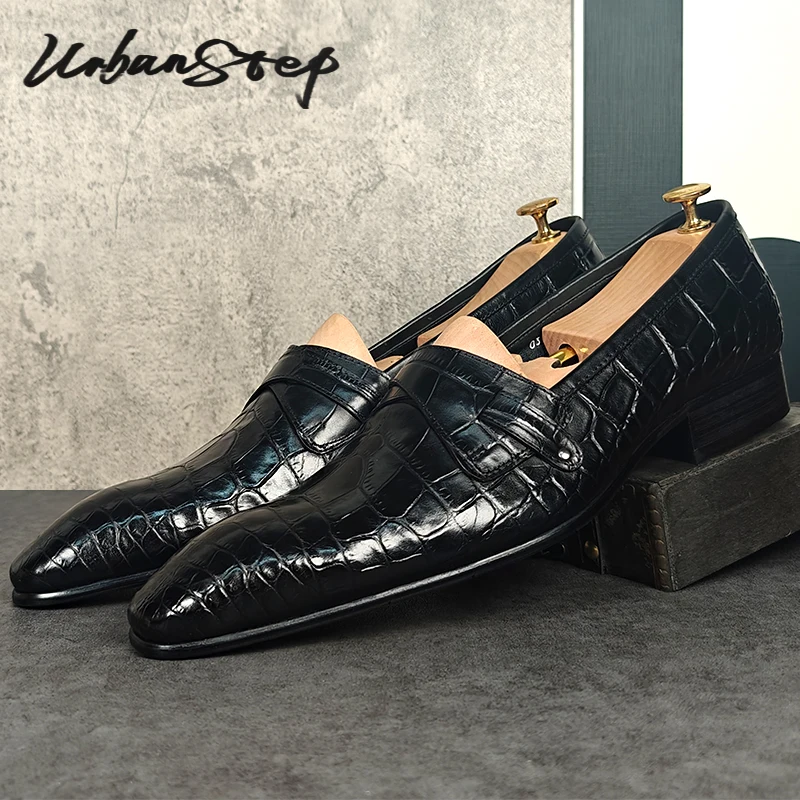 Luxury Men Loafers Shoes Croco Print Slip On Casual Mens Dress Shoes Black Office Wedding Leather Loafers Shoes For Men