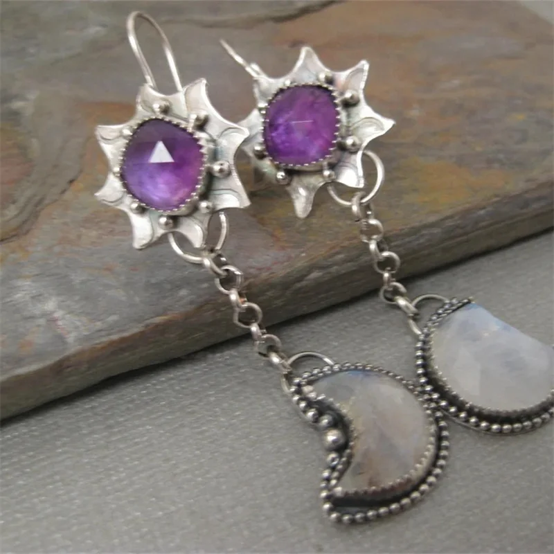 Vintage Round Purple Stone Flower Earrings Originality Silver Color Carving Moon Stickers Dangle Earrings for Women
