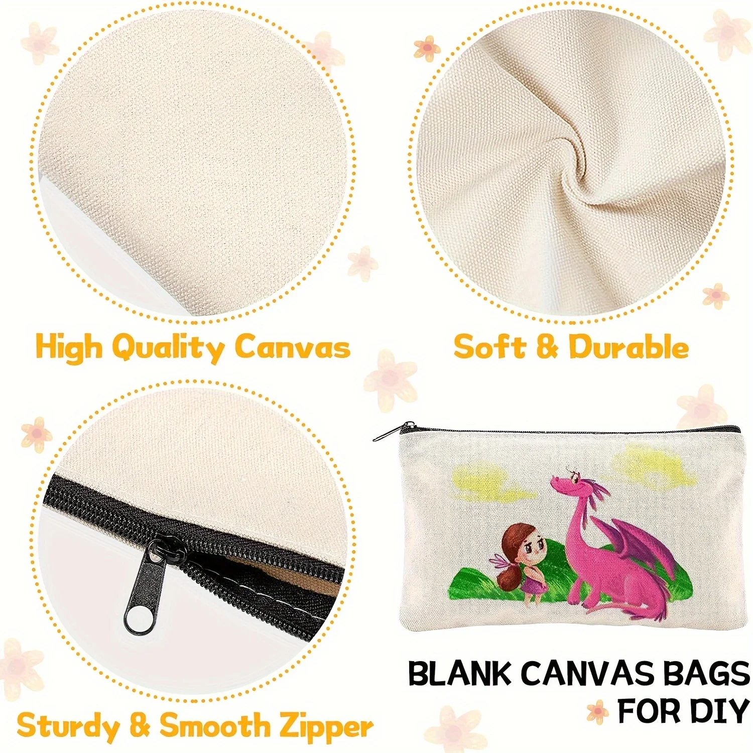 6pcs Blank DIY Craft Bag Canvas Pencil Case Blank Beige Makeup Zipper Bags- Pencil Pouch Cosmetic BagTravel Toiletry Bag