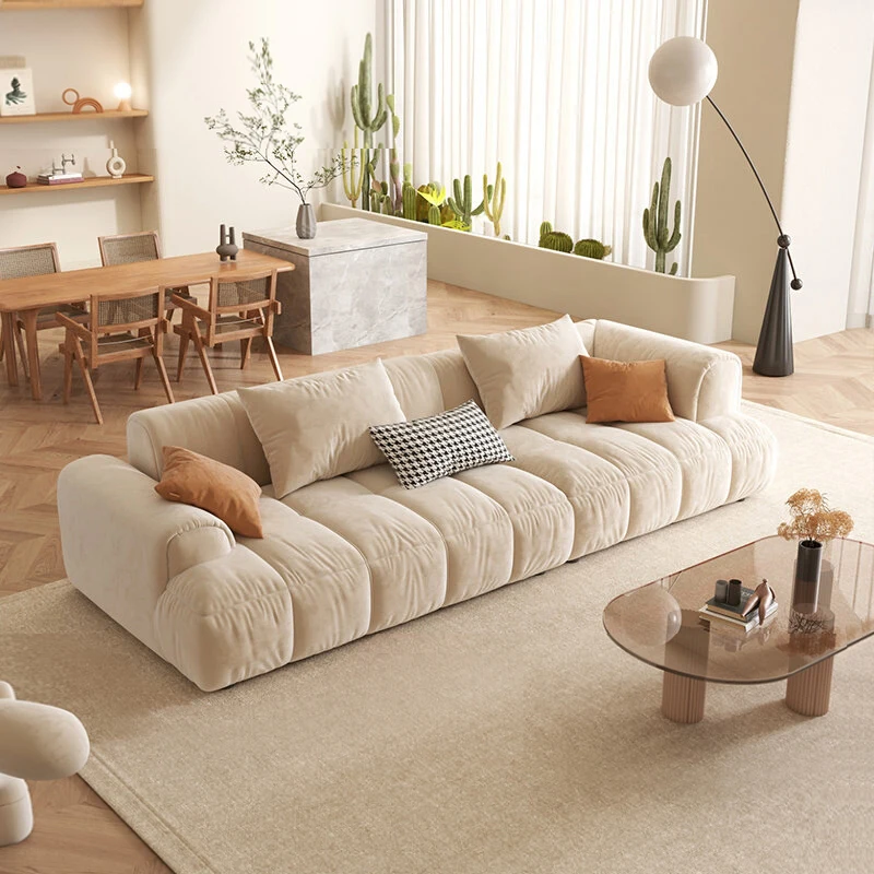 

Square sofa technology cloth super wide sitting deep living room modern simple straight row tofu block fabric sofa cream wind