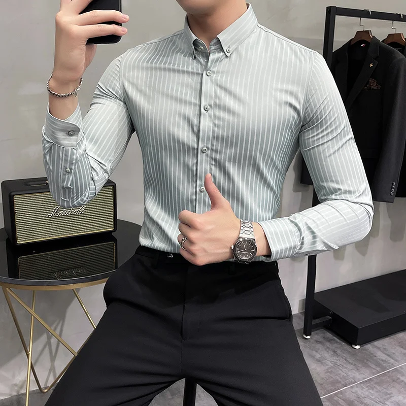 Mens Striped Shirts 2022 Spring New Long Sleeve British Style Solid Color Casual Long Sleeve Dress Shirts Brand Mens Clothing