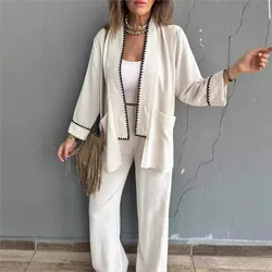 Women's Two Piece Set New Fashion Solid Pockets Loose Cardigan Jacket + High Waist Wide Leg Long Pants Sets Women Vintage Suits