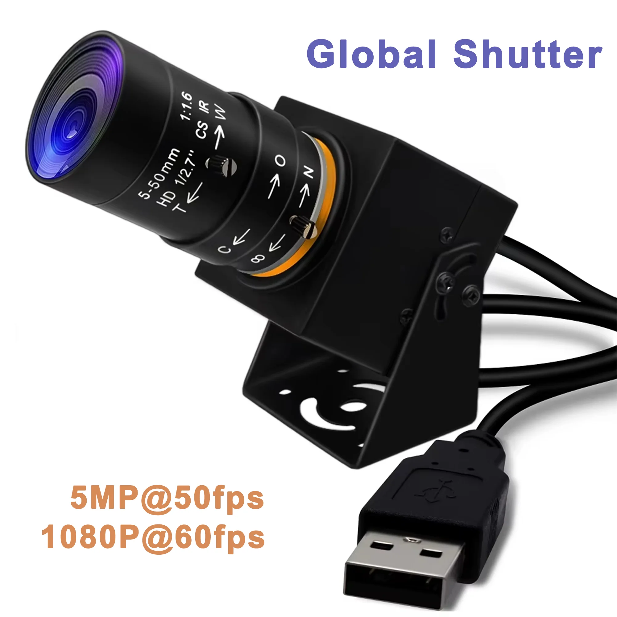 ELP 5MP 50fps Global Shutter USB Camera High Speed 60fps 1080P PC Webcam Manual Zoom Camera for Computer Windows Linux Mac OS