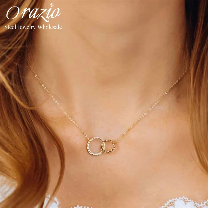 Orazio Round Stainless Steel Necklace for Women Two Rings Classic Pendant Chokers Fashion Friendship Nice Jewelry Wholesale