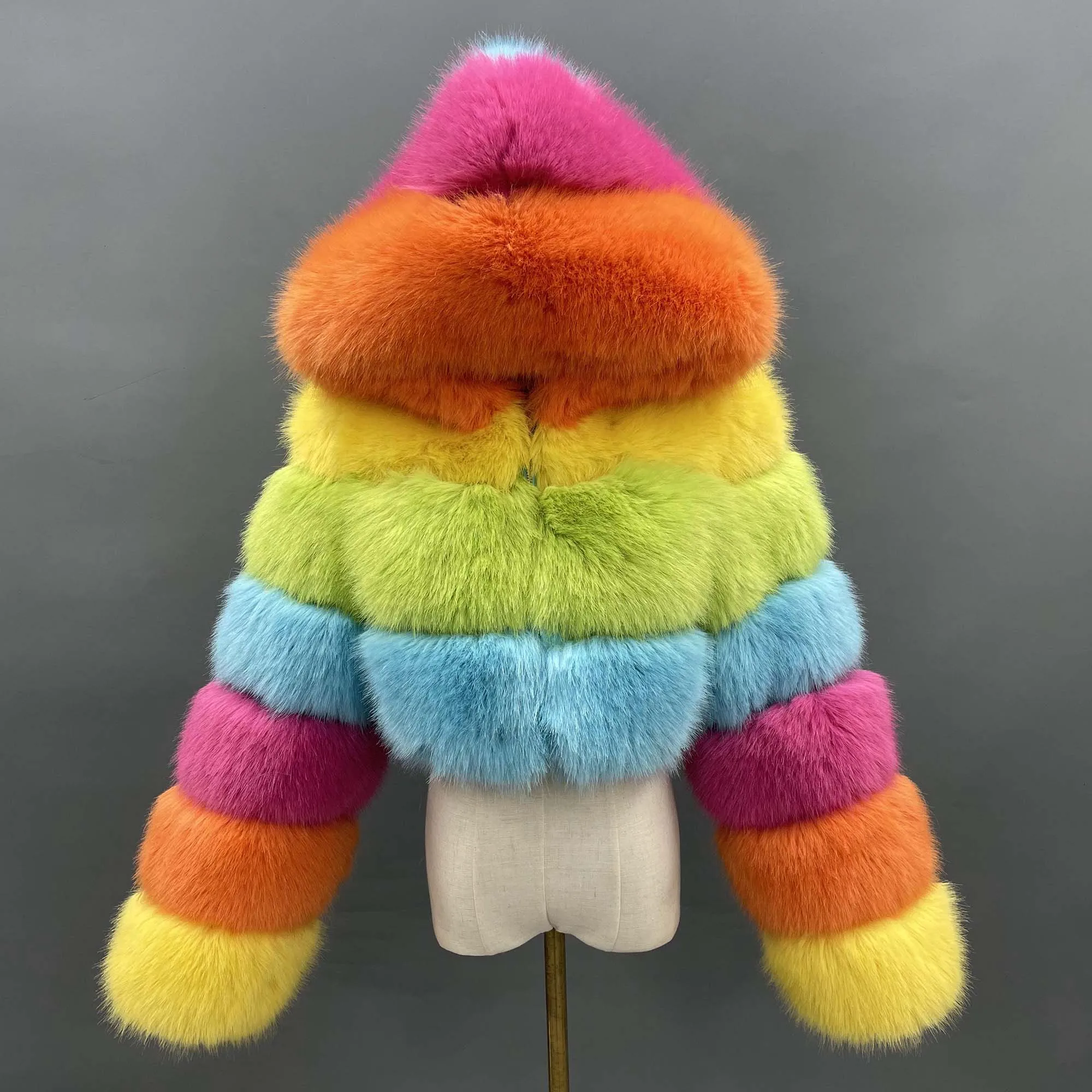 Thick Top Quality High Simulation Fake Fox Fur 3 Rows Hooded Jacket Colorful Fur Coat