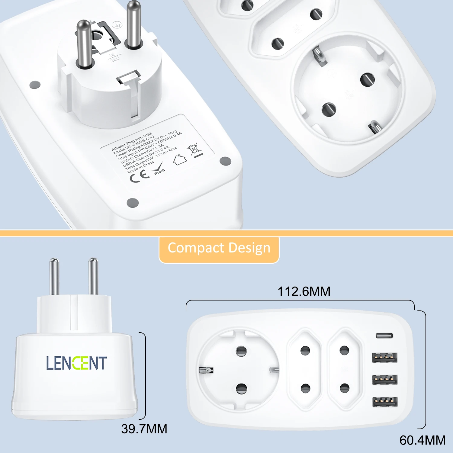 LENCENT Multiple USB Socket with 3 USB Ports 1 AC Schuko plugs and 2 EU plug Portable Plug Adapter Extensor for Home/Office