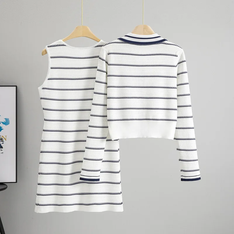 แฟชั่น 2 ชิ้นชุดแขนยาว Cropped เสื้อสเวตเตอร์ถักเอวสูงถักมินิชุดเสื้อกั๊ก Bodycon ชุดลายชุดการจับคู่