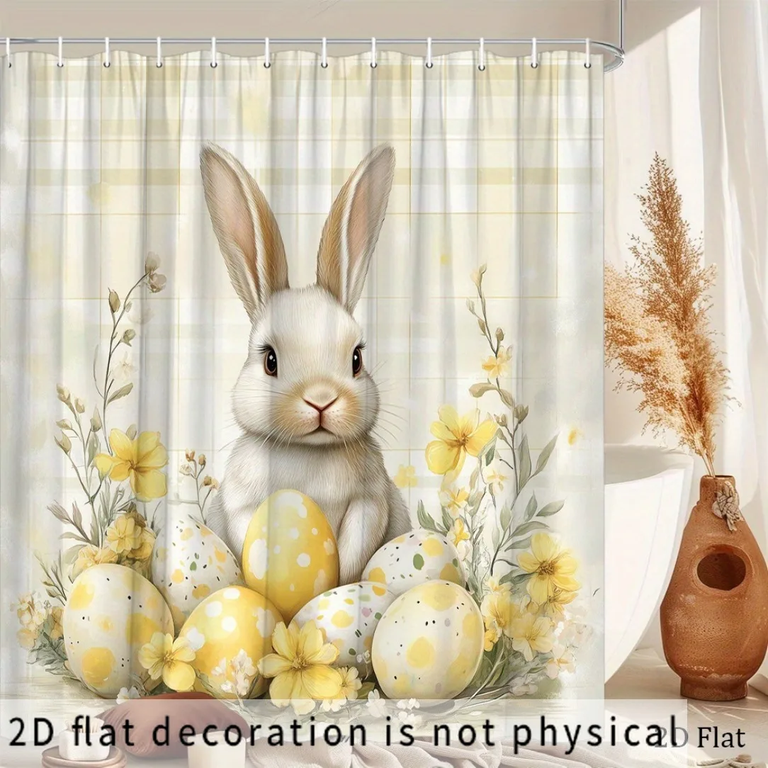 1pc Cute Rabbit Easter Shower Curtain, Colorful Eggs, 10pcs Flowers, Plant Animal Checkered Pattern Design, Home Bathroom Decor,