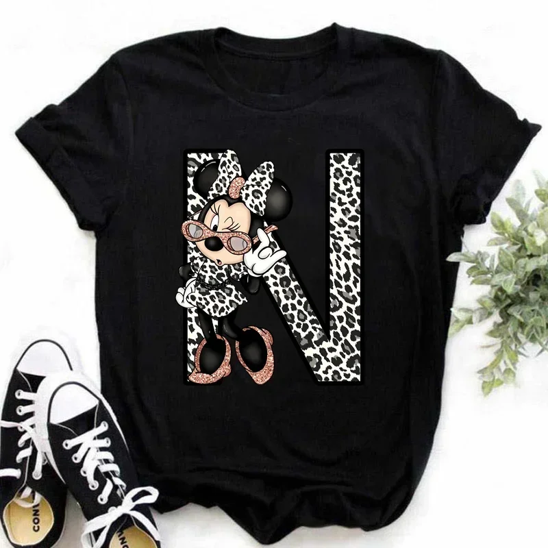 Minnie Mouse Disney A-Z 26 English Letters Children T-shirts Casual Harajuku Print O-neck Short Sleeve Summer Girl Tee Shirt