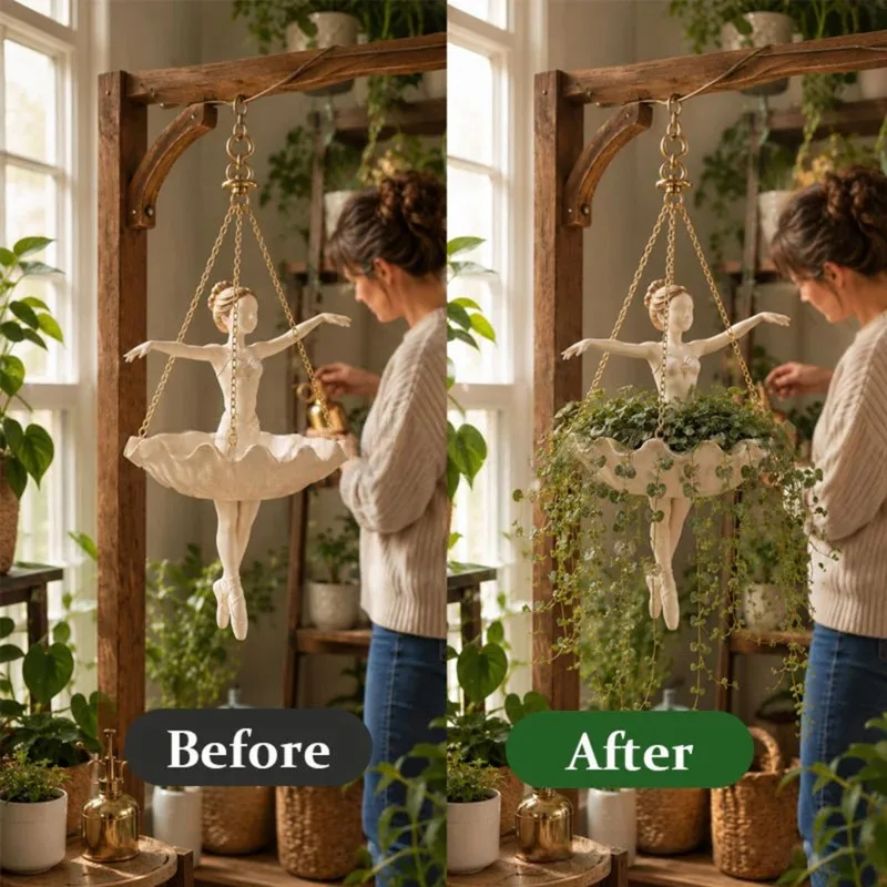 Multifunctional Dancer Flower Holder Indoor Resin Planter With Top Hook And Three Chains, Decorative Plant Display