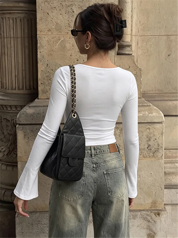 Shestyle Solid Square Neck Basic T-Shirt Women Autumn Long Sleeve Warm Comfortable Slim Black Crop Tops All-Match Clothes