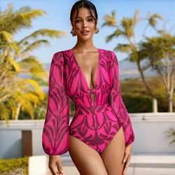 2024 a maniche lunghe surf stampato scollo a V un pezzo costumi da bagno donna vacanza Beachwear liquidazione all'ingrosso