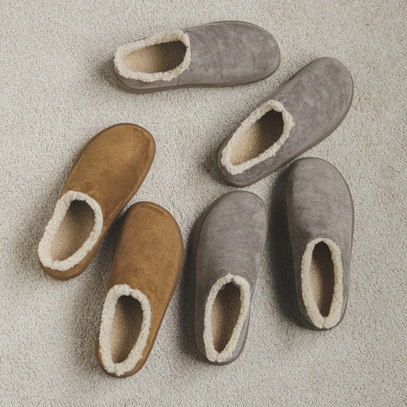 

Unisex Winter Warm Fleece Lined Mule Slippers Buckle Fashion Snow Boots Short Tube Low Heel round Toe Rubber Bottom Shoes