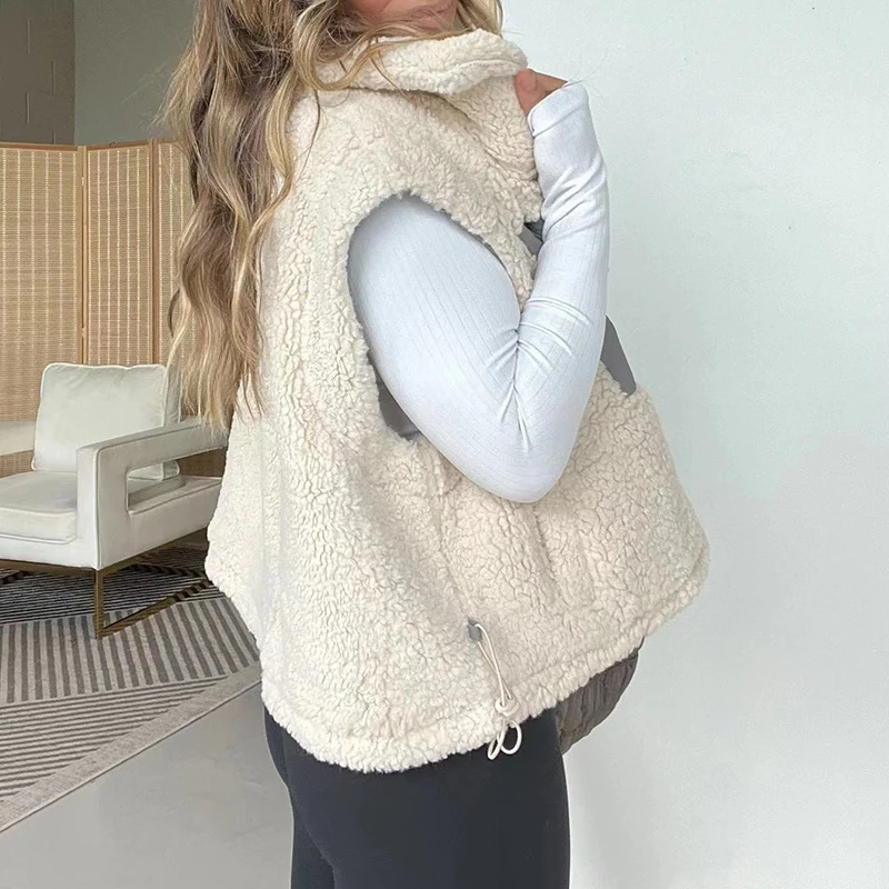 Autunno elegante patchwork di lana gilet spesso donna casual senza maniche cappotti larghi solidi moda invernale tasche con cerniera pullover gilet