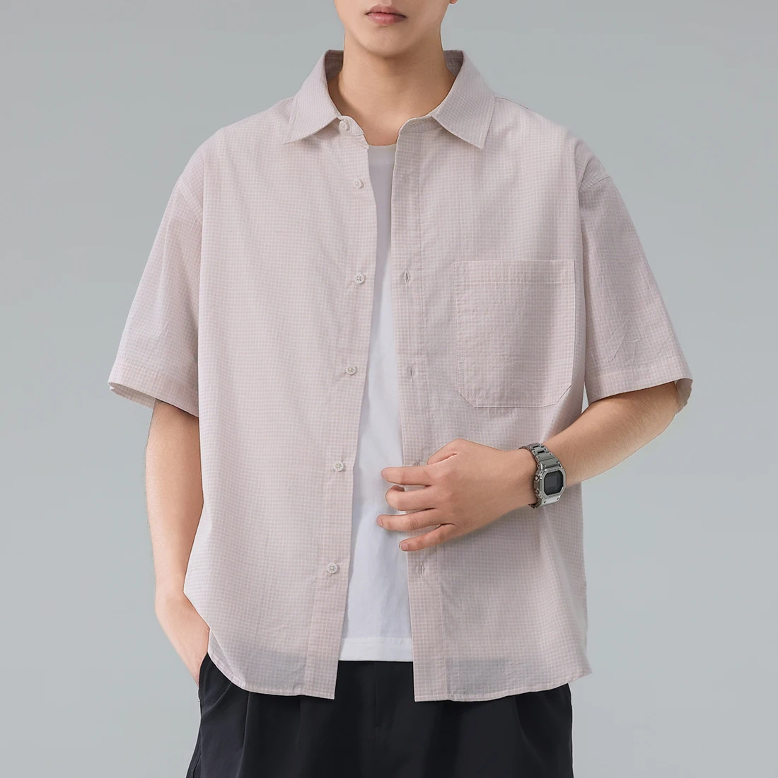 Japanese Streetwear Cityboy Fashion Plaid Shirt Men Summer Lightweight Loose Casual Short Sleeve Shirts Cardigan Tops