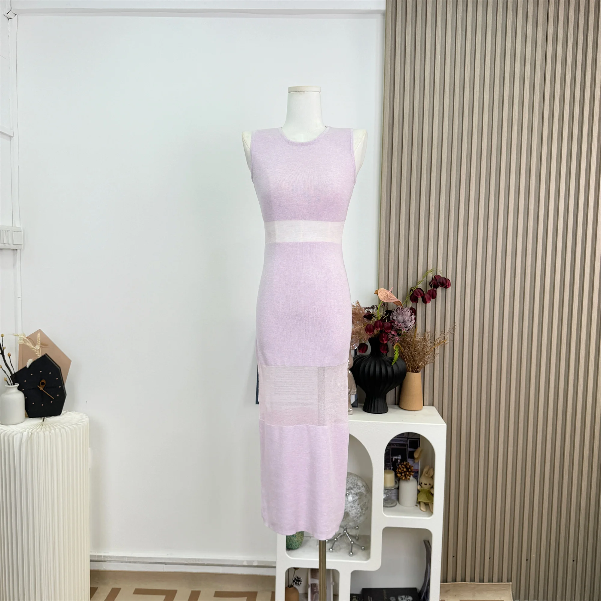

Women Simple Sleeveless Purple Sexy Hollow Sweater Knitted Dress Elasticity Casual Party Pencil Sheath Dresses Women Clothing