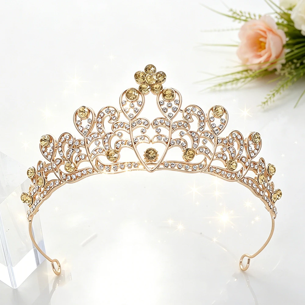 Vintage Baroque Gold Plated Filigree Rhinestone Bridal Tiara Elegant Royal Queen Crown Hair Accessory Hollow Regal Headpiece - view 5