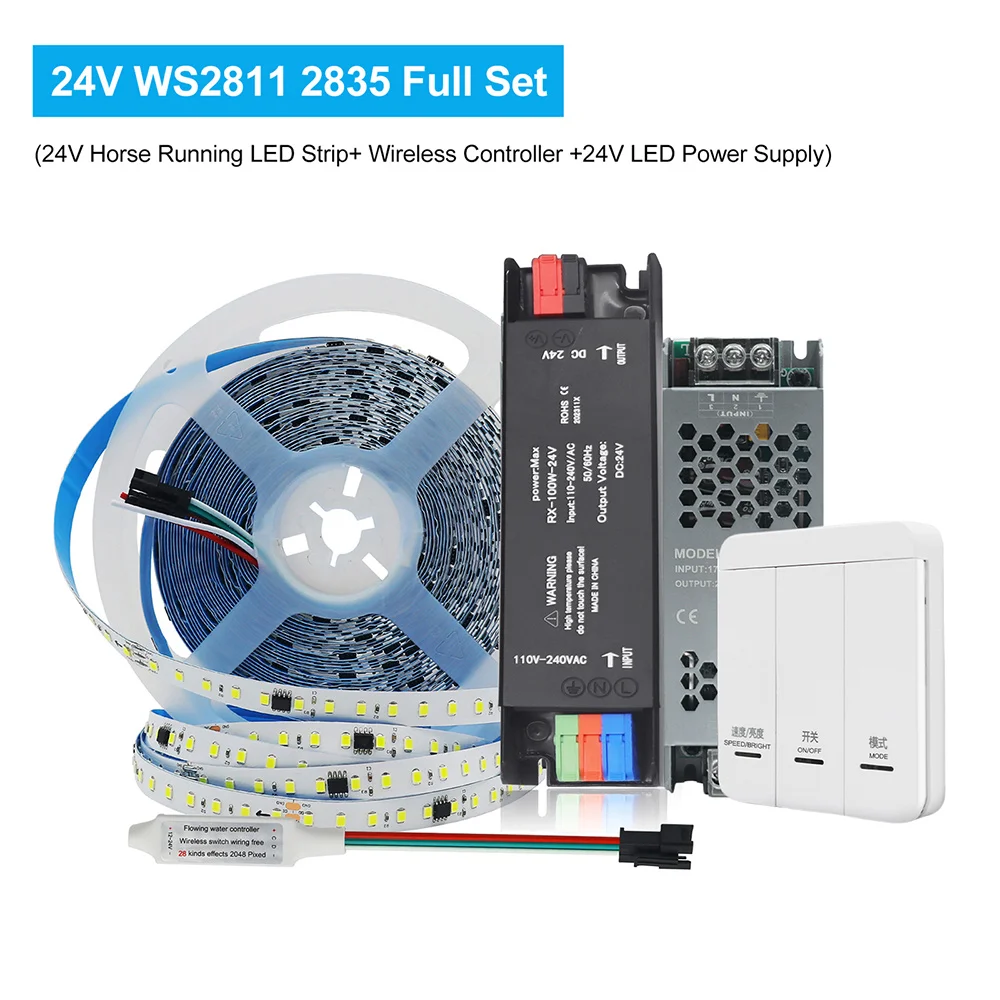 Kit de alimentación de luz de tira LED con interruptor de pared, lámpara de carrera de caballos que fluye de 24V, cinta Flexible de 5m, 10m, 0,5 m, 2835, 120LEDs/m, decoración del hogar