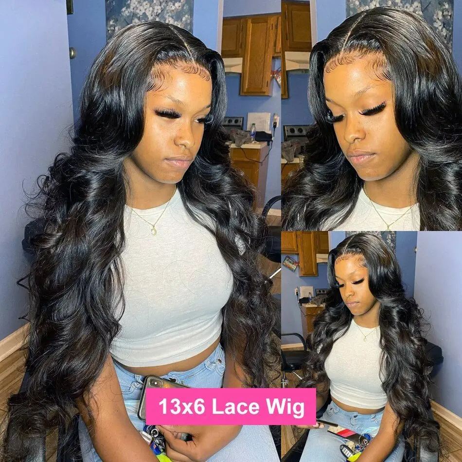 Natural Black Body Wave 150 Density 34 Inch 13X6 HD Human Hair Lace Forehead Wig Glue-Free Wave 13X4 Front Brazilian Women