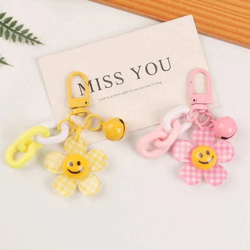 Lovely Sunflower Smiling Bell Pendant Keychain Women Candy Color Bag Key Charms For Gift