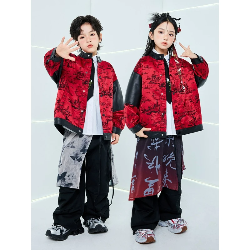 

Детский костюм для уличных танцев, джазовый танец, красная кожаная куртка в китайском стиле для мальчиков, модная одежда в стиле хип-хоп, женская осенняя одежда