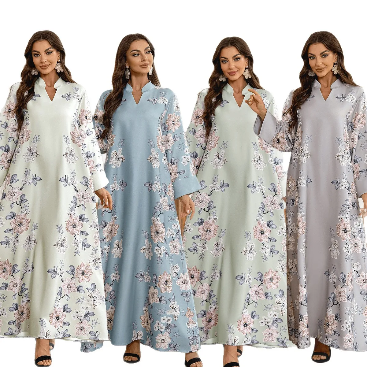 

Middle East Saudi Cross-border Muslim Women's Robe Flower Print Beaded Arab Dress Abaya