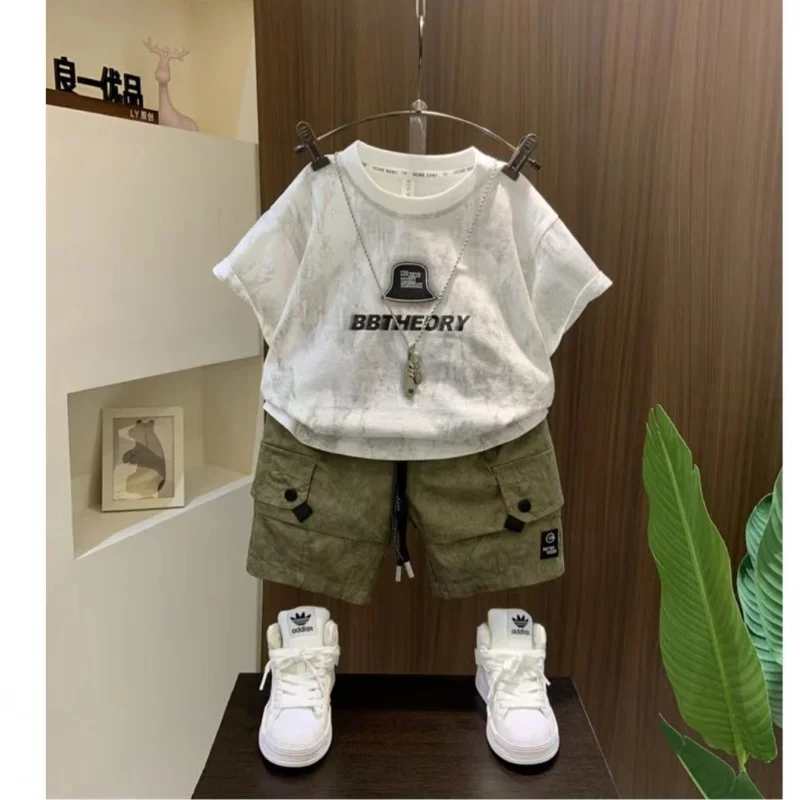 New Summer Boy Clothing  Children's Clothes Set Boys Short Sleeve T-Shirt+ Workwear Shorts 2 Piece Set Kids 1-9T Sportswear Suit