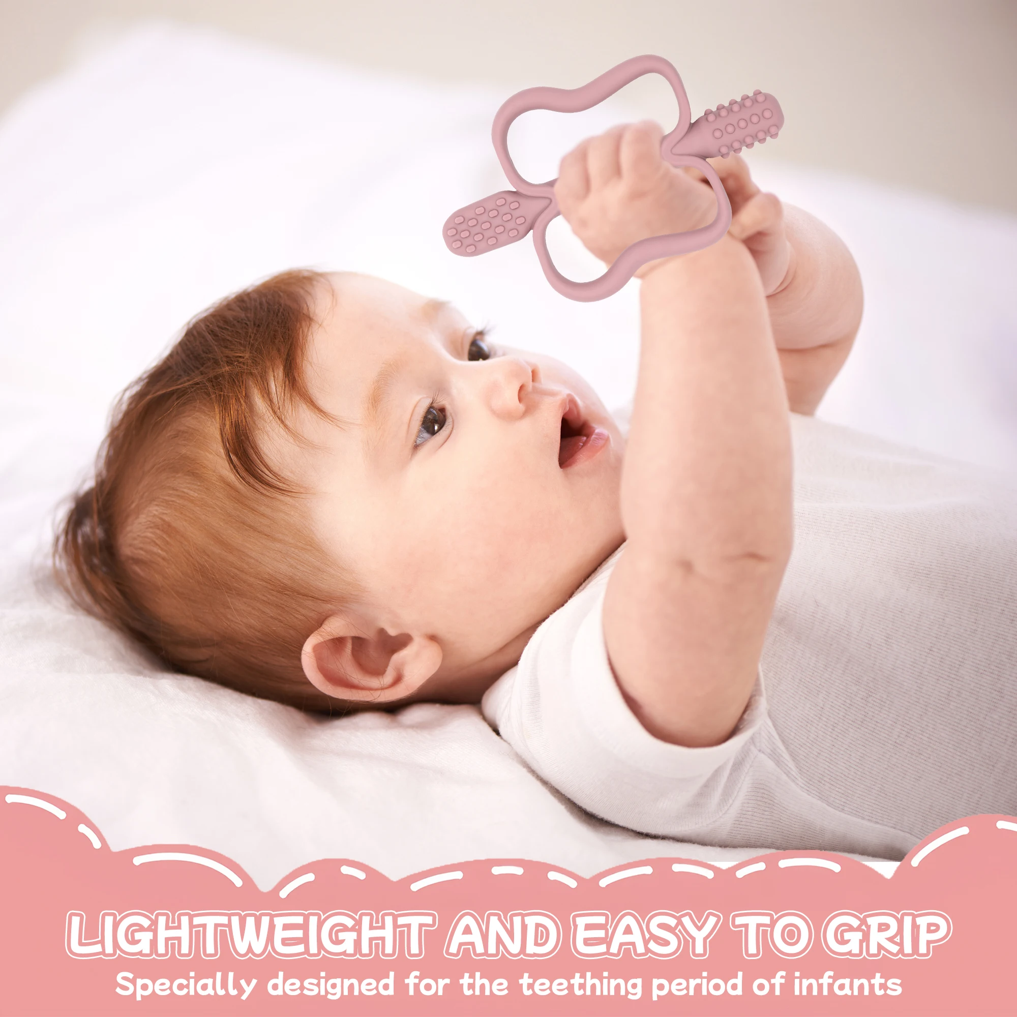 Juguete para la dentición con mango de fácil agarre, cepillo de dientes de silicona para bebé, fácil de limpiar, superficie texturizada de doble cara ayuda en masaje.