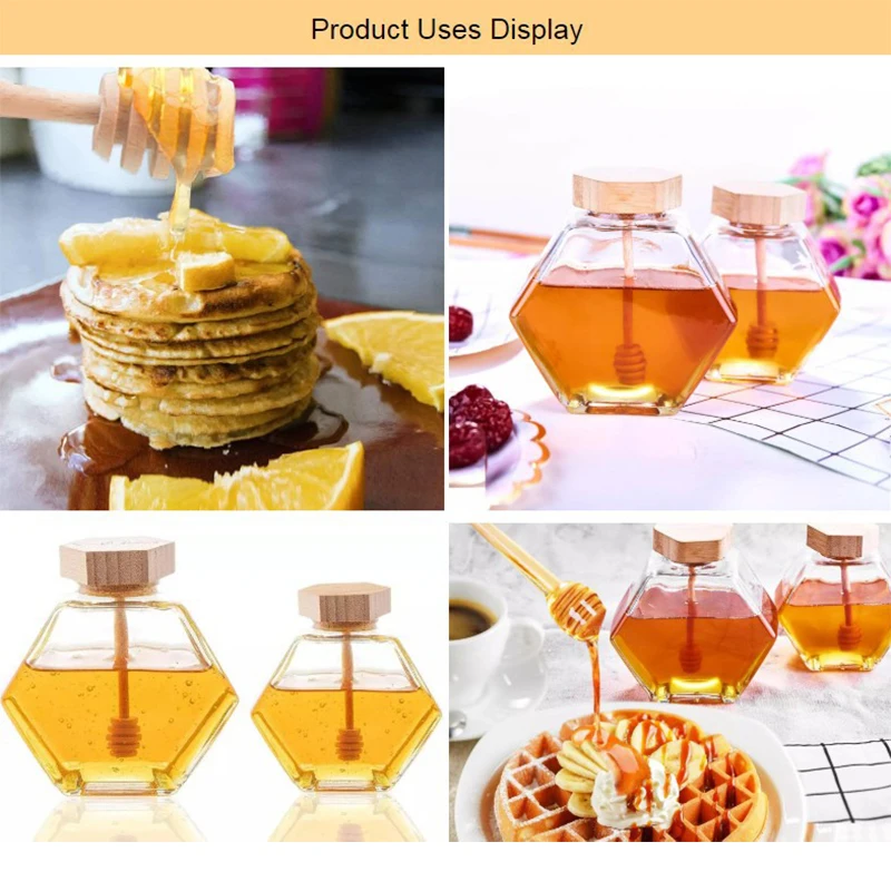 Hexagonal Glass Honey Bottle With Wooden Honey Pot Stirring Rod Sealing Clear Jam Jar Kitchen Home Storage 100ML/220ML/380ML