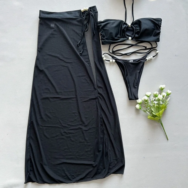 ชุดบิกินี่ 3 ชิ้นชุดสตรีชุดว่ายน้ําเซ็กซี่ Halter ลูกปัดมุก Micro บิกินี่ Lace Up กระโปรง 2025 ใหม่ชายหาดแยกชุดว่ายน้ํา