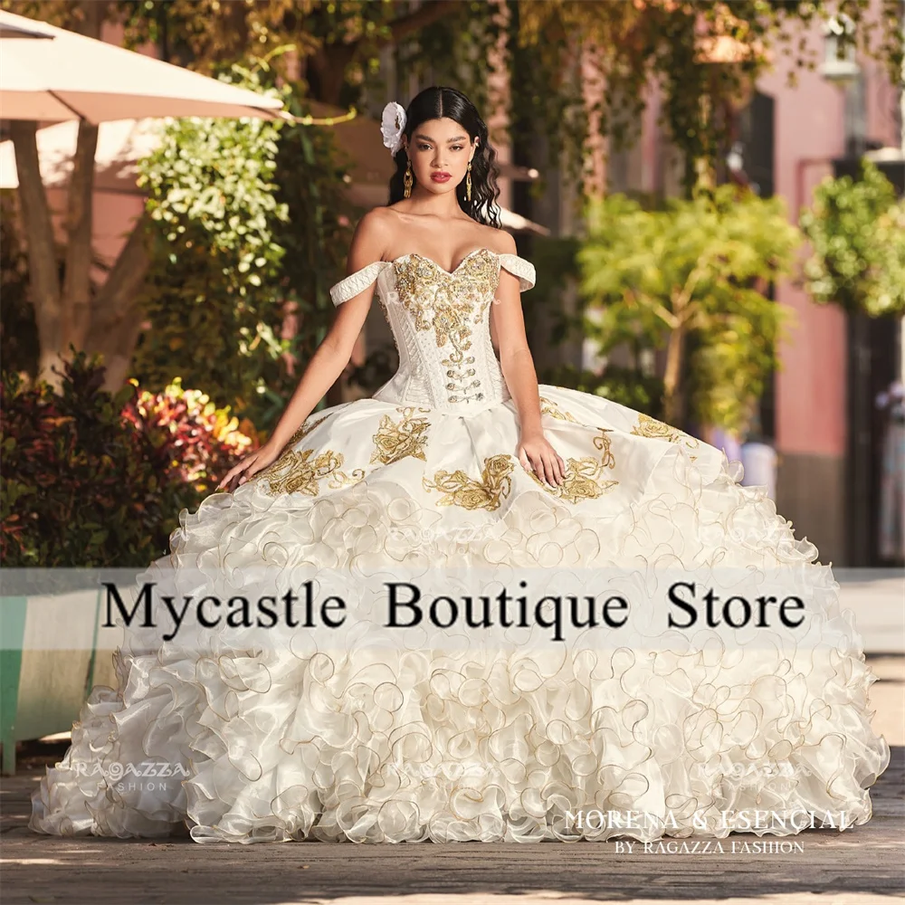 Mexico 2023 White Ball Gown Quinceanera Dresses 2023 Appliques Beads Crystal Tiered Ruffle Sweet 16 Dress Prom Party Gowns