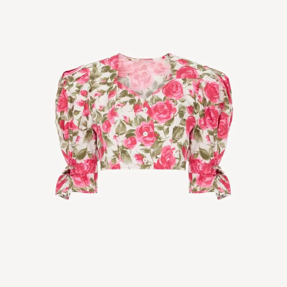 

French vintage rose print V-neck shirt - 2026 spring summer new style short-sleeved fitted slimming top