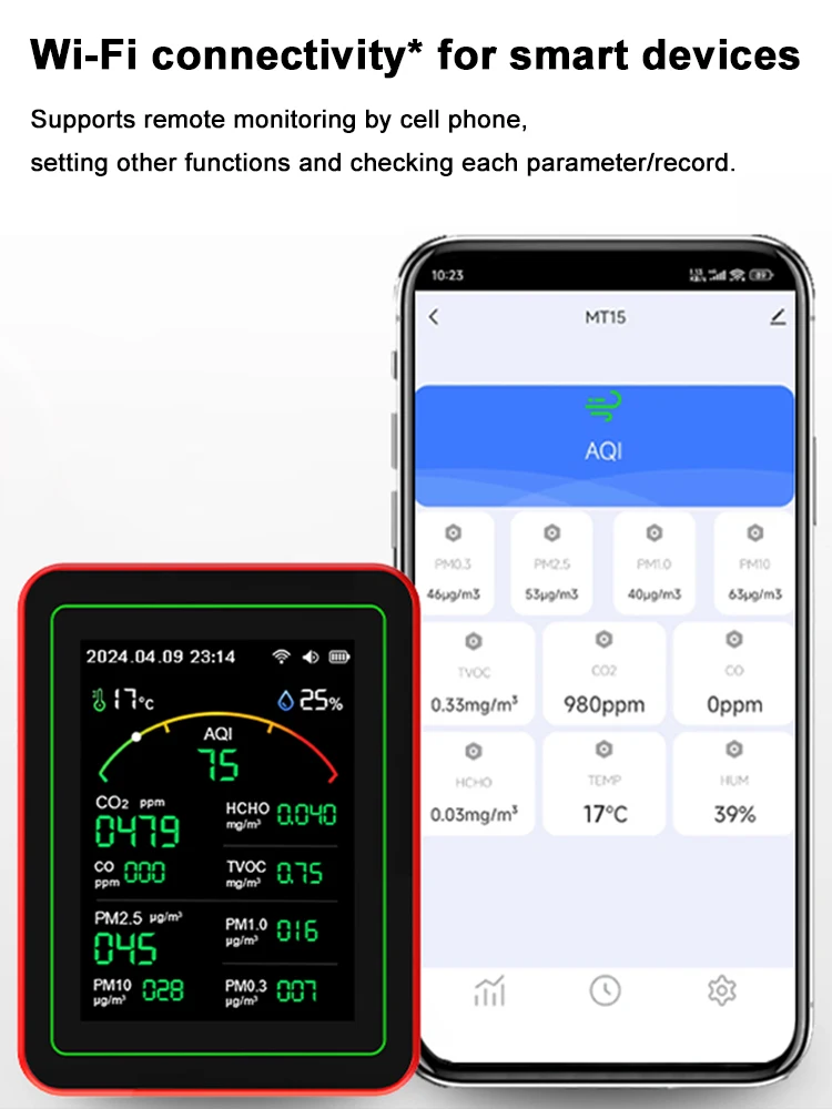 واي فاي 15 في 1 المحمولة AQI PM0.3 PM1.0 PM2.5 PM10 تستر TFT عرض ساعة متعددة الوظائف APP التحكم في درجة الحرارة مقياس الرطوبة #5