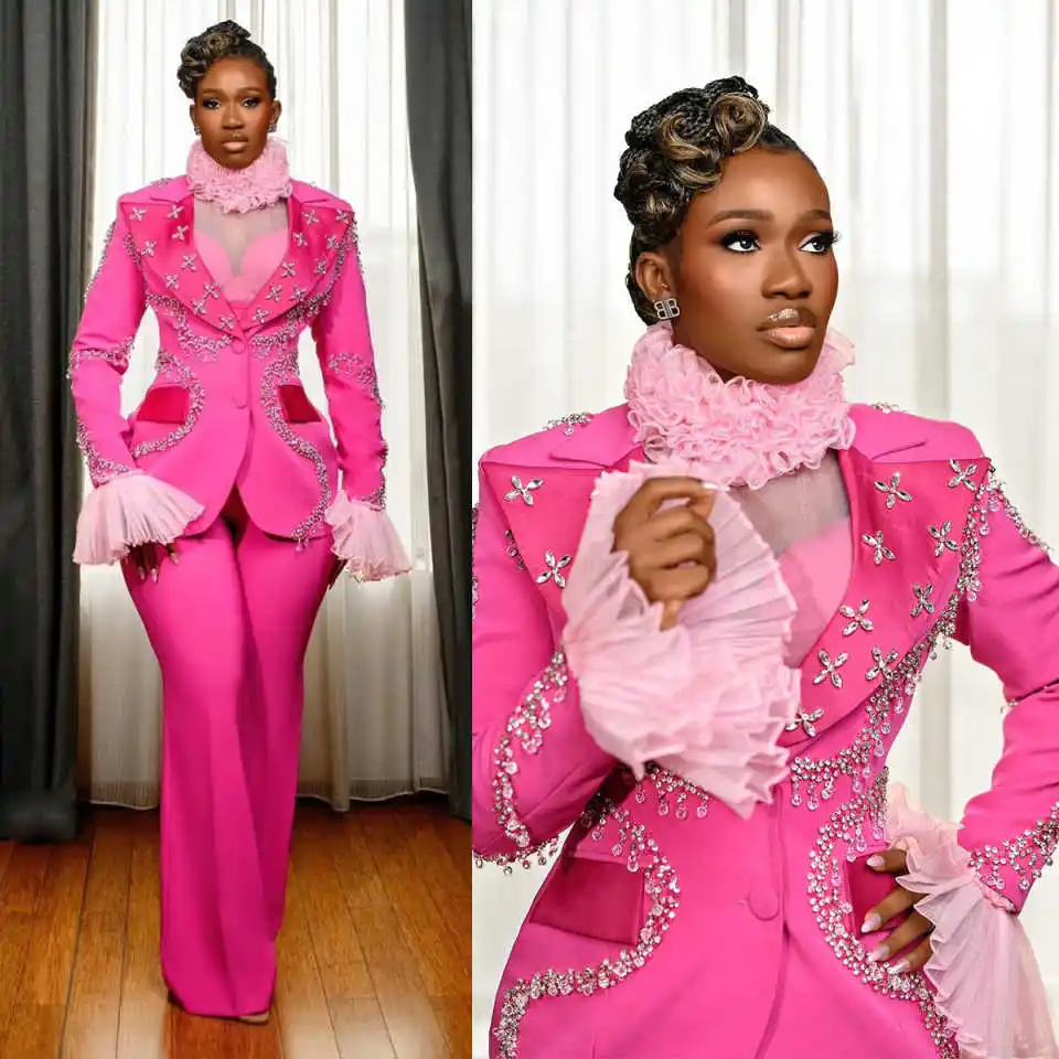 

Sexy Beaded Women Suits 2 Pieces Set Crystal Single Breasted Jacket Wide Legs Pants Plus Size Customized Party Prom Dress