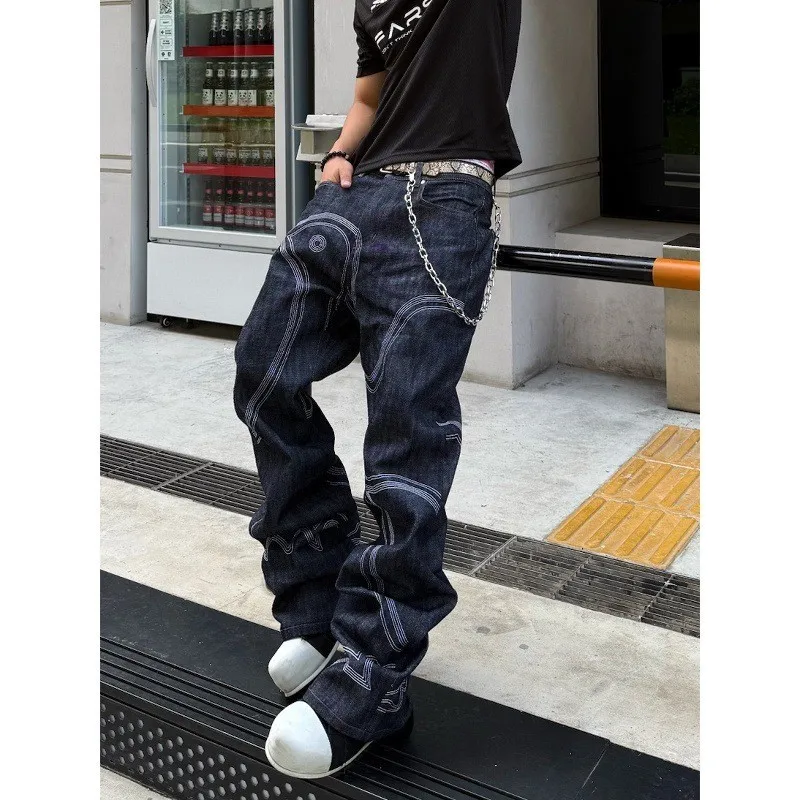 

Американские оригинальные свободные прямые мужские джинсы с несколькими вышивками Cow Peace, повседневные брюки, уличные брюки со средней талией