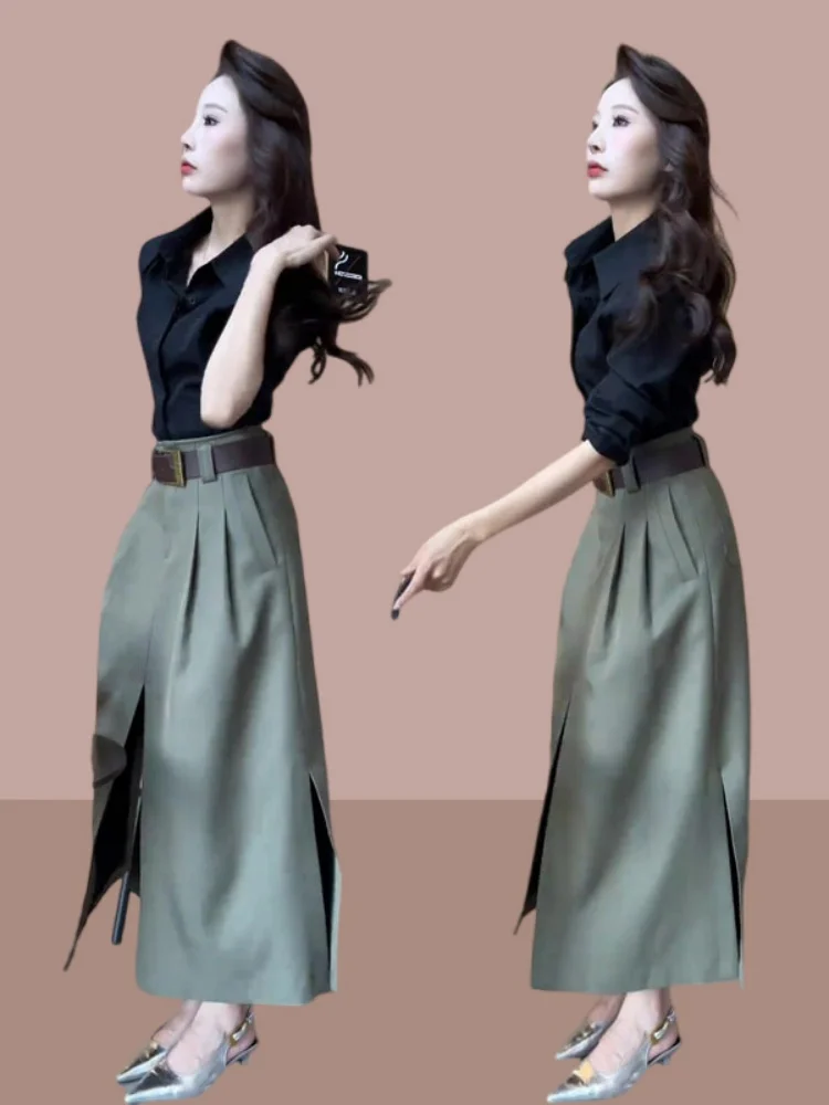 Fashionable Slimming Split Skirt And Shirt Set Women's Spring 2026 New Style Two-Piece Suit High Waist  Shirt Elastic Wai...