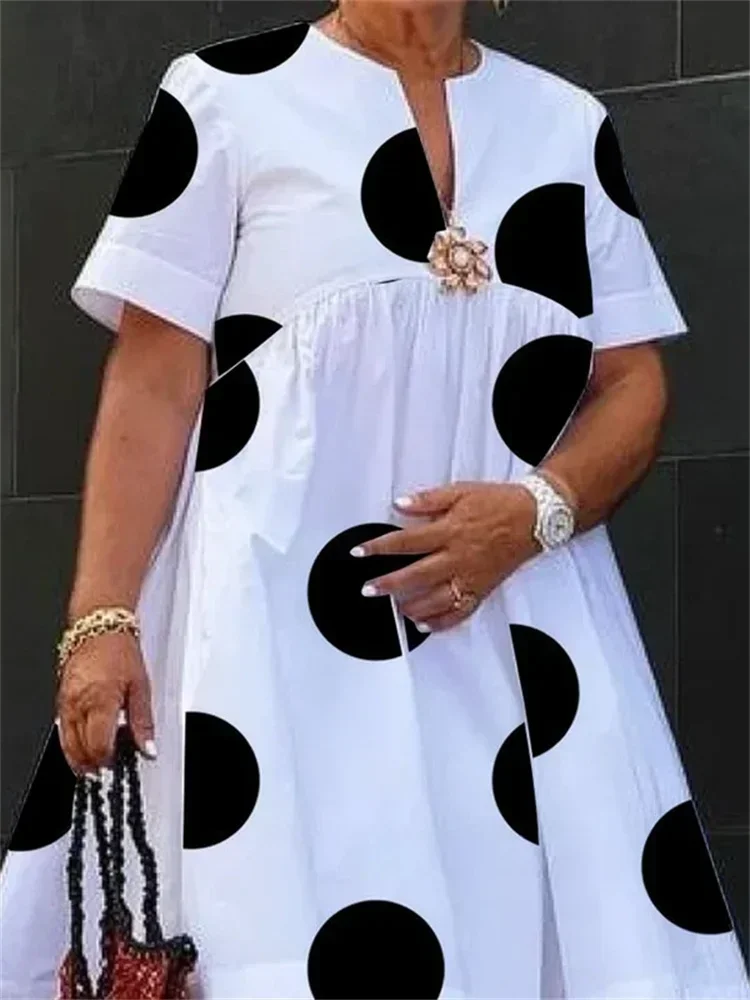 Uoozee Dames Oversize Polka-Dot Hoge Taille A-lijn Jurk 2025, Zomer Korte Mouwen Geplooid Elegant Feestavond Midi-jurken