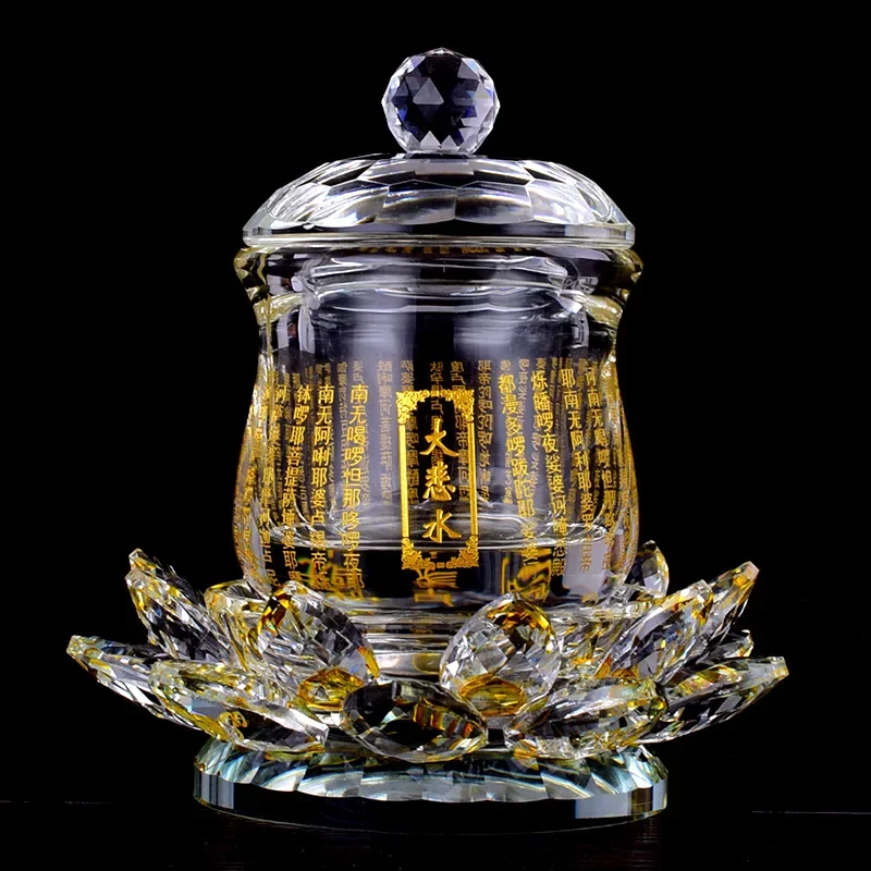 Ornement de Temple bouddhiste, siège de Lotus en cristal, Lotus coloré, grande Compassion, Mantra, tasse d'eau bénite, bol en cristal, article bouddhiste