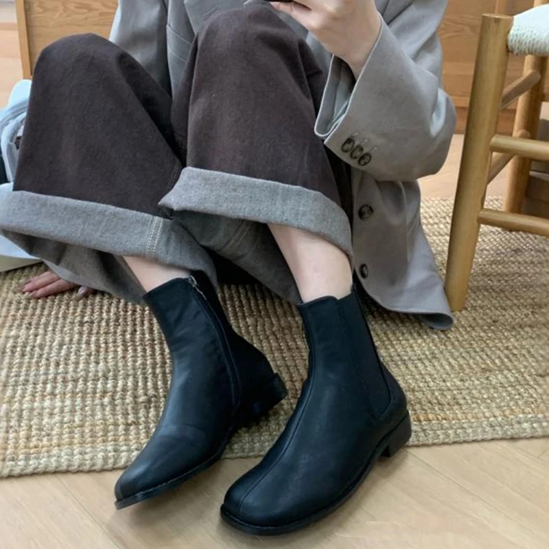 2025 Spring Autumn Square Toe Women Ankle Boots Slip On Short Booties Ladies Casaul Flats Shoes