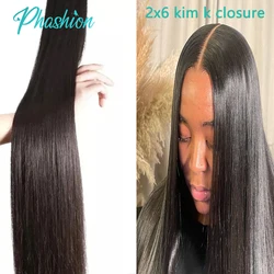 Phashion extensiones de cabello humano liso 2/3 Remy para mujeres negras, mechones con cierre de encaje transparente 2x6, tejido brasileño predespuntado, 10A